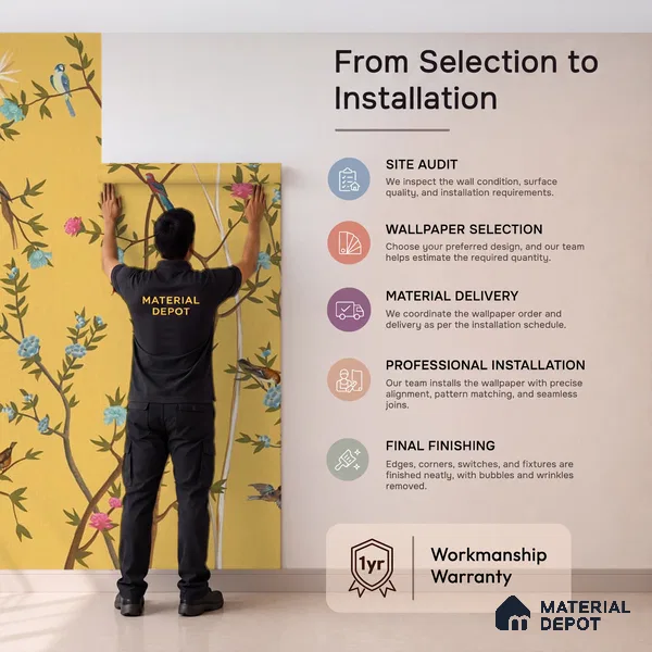 700211 - Yellow Chinoiserie Wallpaper with Flowers and Birds, Customised Sparkla N Shine Series Soft Feel Chinoserie Design (Customised Size Wallpaper)