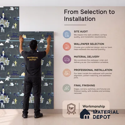 KD4090-4 | Navy Multicolour Night Village Non Woven Kids Room Wallpaper - 10 Meter x 21 Inches, 57.41 Sq. Ft. (Min. 15% Wastage)