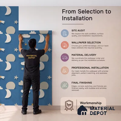 5186-2 | Navy Blue Moon Star Scatter Kids Look Wallpaper 4 Meter x 42 Inches - 45.94 Sq. Ft. | Minimum 15% wastage during installation