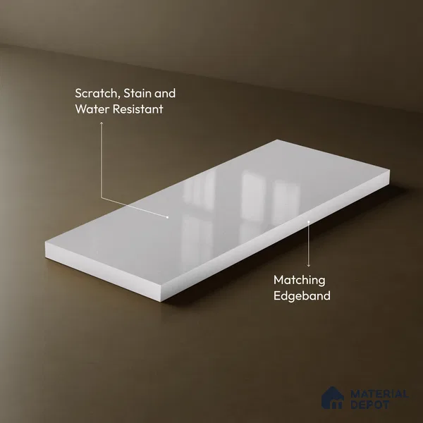 Pure White Solid Color Acrylic Laminate LM 24629 8 ft x 4 ft High Gloss Finish - 1.5 mm | Matching Edgeband code - EB 02112 | Suitable for Living Room, Kitchen, Office