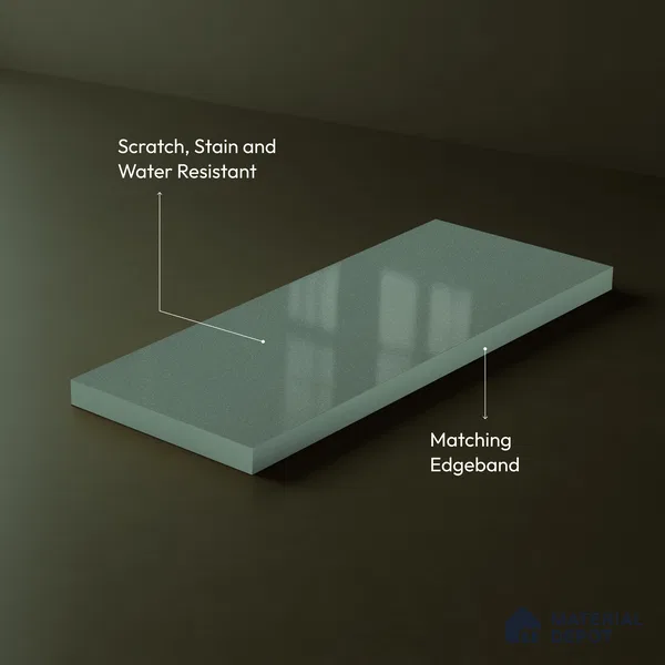 Muted Sage Green Solid Color Acrylic Laminate LM 24630 8 ft x 4 ft High Gloss Finish - 1.5 mm | Matching Edgeband code - EB 02113 | Suitable for Living Room, Kitchen, Office