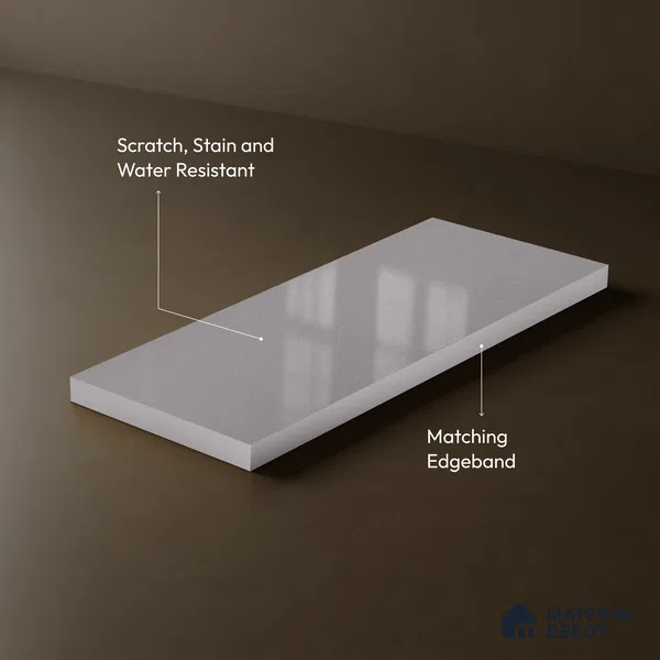 High Gloss White Solid Color Acrylic Laminate LM 24323 8 ft x 4 ft High Gloss Finish - 1.5 mm | Matching Edgeband code - EB 02115 | Suitable for Living Room, Kitchen, Office