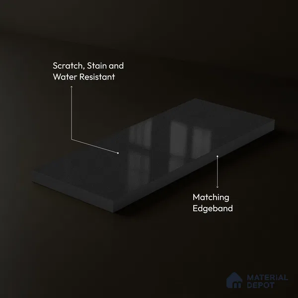 High Gloss Black Solid Color Acrylic Laminate LM 24337 8 ft x 4 ft High Gloss Finish - 1.5 mm | Matching Edgeband code - EB 02127 | Suitable for Living Room, Kitchen, Office