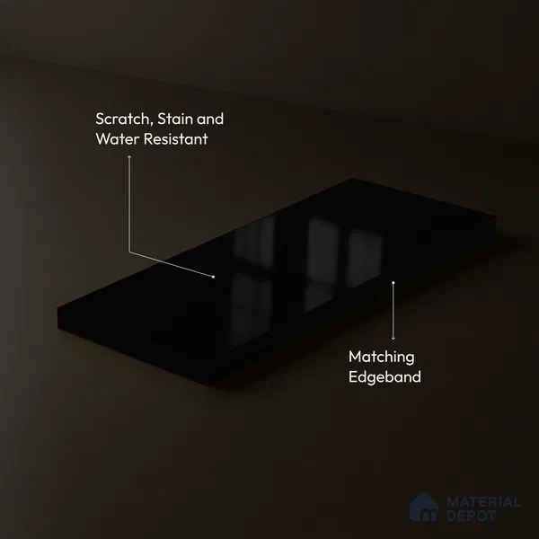 Jet Black Solid Color Acrylic Laminate LM 24358 8 ft x 4 ft High Gloss Finish - 1.5 mm | Matching Edgeband code - EB 02134 | Suitable for Living Room, Kitchen, Office