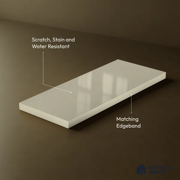 Warm Beige Solid Color Acrylic Laminate LM 24526 8 ft x 4 ft High Gloss Finish - 1.5 mm | Matching Edgeband code - EB 02087 | Suitable for Living Room, Kitchen, Office