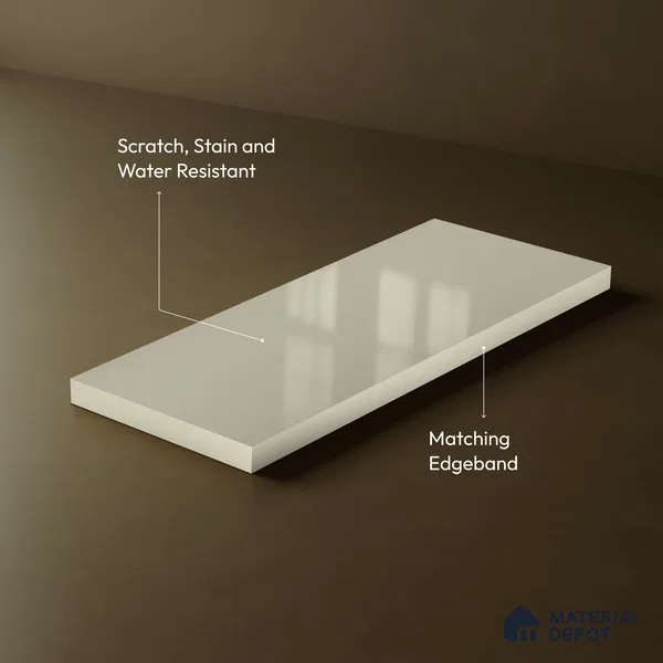 Soft Cream Solid Color Acrylic Laminate LM 24527 8 ft x 4 ft High Gloss Finish - 1.5 mm | Matching Edgeband code - EB 02079 | Suitable for Living Room, Kitchen, Office