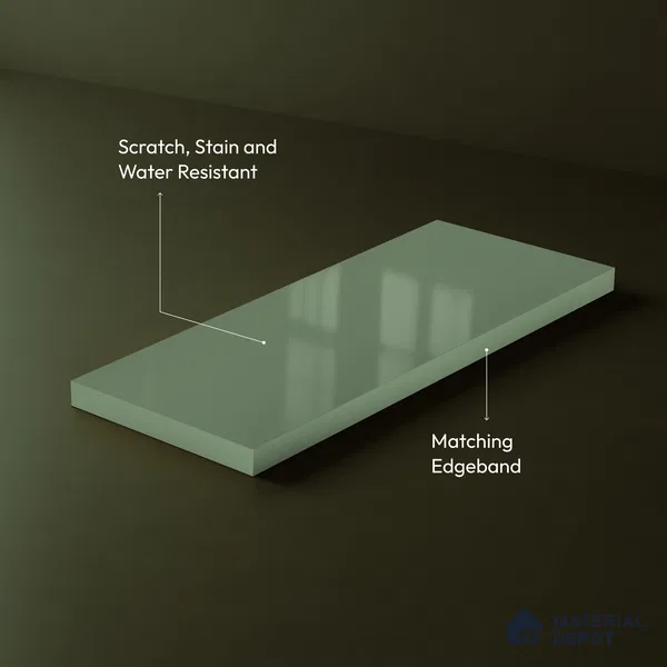Sage Green Solid Color Acrylic Laminate LM 24544 8 ft x 4 ft High Gloss Finish - 1.5 mm | Matching Edgeband code - EB 02091 | Suitable for Living Room, Kitchen, Office