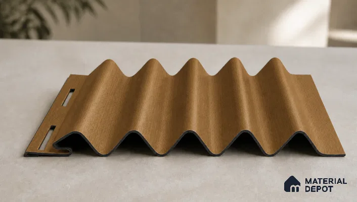 Oak Wood Ocre 10 ft x 0.45 ft (3060x140 mm) Pyramid Design Interior & Exterior Wall & Ceiling Panel - 14 mm | Suitable for Balcony, Facade & Open Area | Width is Subjected to 5% Variation