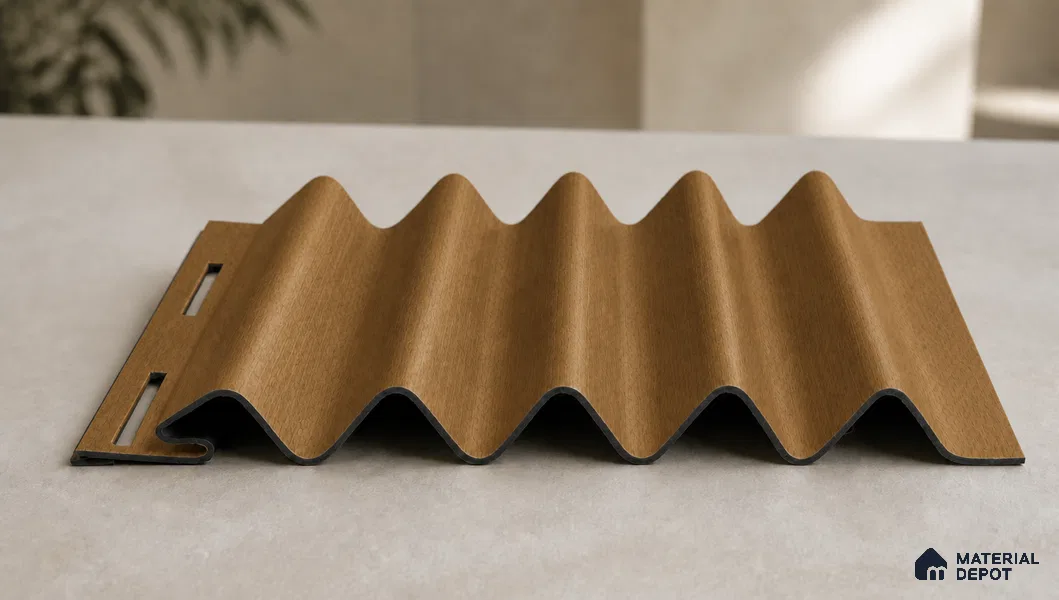 Oak Wood Ocre 10 ft x 0.45 ft (3060x140 mm) Pyramid Design Interior & Exterior Wall & Ceiling Panel - 14 mm | Suitable for Balcony, Facade & Open Area | Width is Subjected to 5% Variation