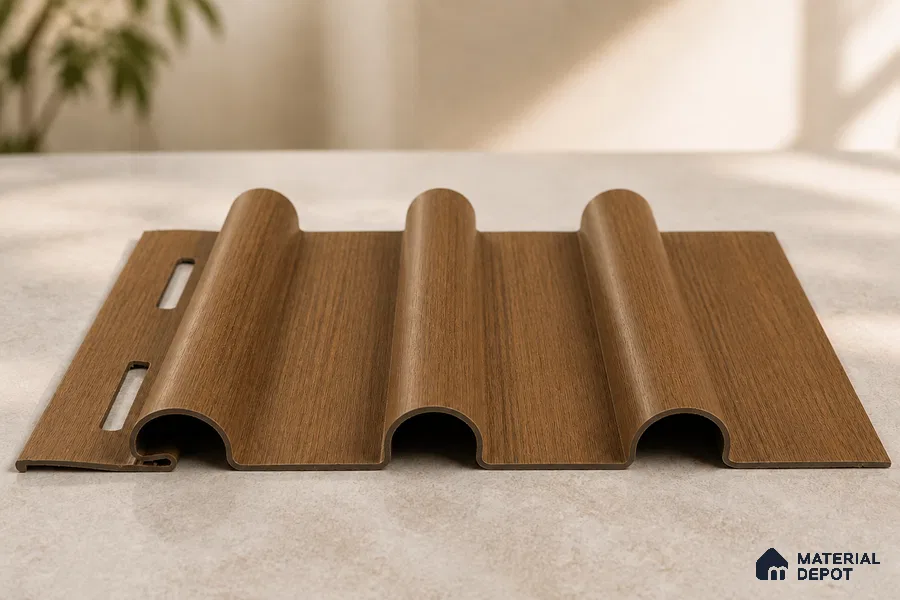 Oak Wood Ocre 10 ft x 0.6 ft (3060x180 mm) Arch Design Interior & Exterior Wall & Ceiling Panel - 17 mm | Suitable for Balcony, Facade & Open Area | Width is Subjected to 5% Variation