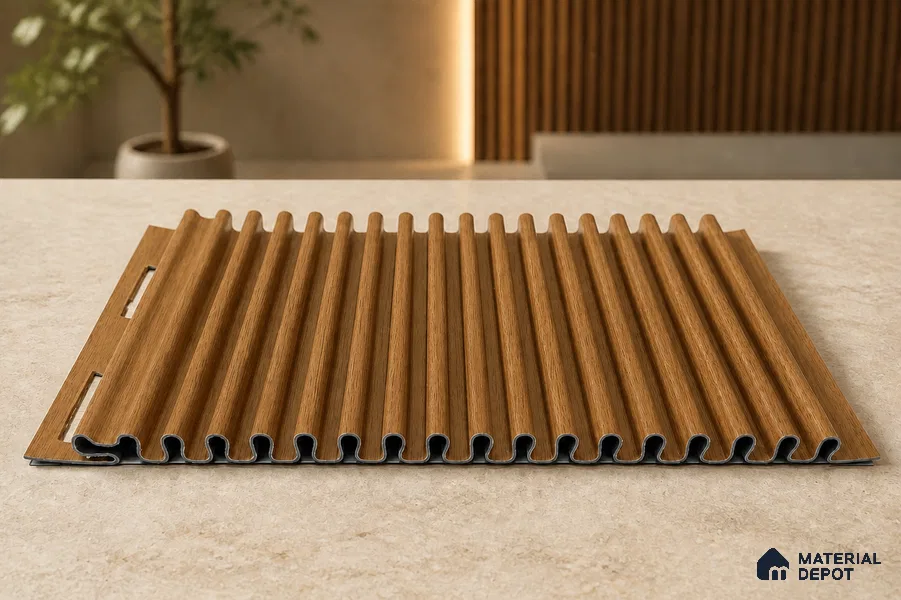 Oak Wood Ocre 10 ft x 0.68 ft (3060x208 mm) Curve Design Interior & Exterior Wall & Ceiling Panel - 10 mm | Suitable for Balcony, Facade & Open Area | Width is Subjected to 5% Variation