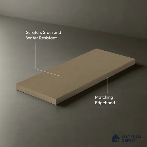 Beige Leather look Ferrero 1E246 ZL Soft Almond Beige 8 ft x 4 ft Zero Leather Finish Decorative Laminate - 1 mm | Matching Rehau Edgeband Code - (75649)