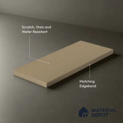 Cream Solid Colors look Ferrero 1E239 SMT Soft Sand Beige 8 ft x 4 ft Satin Matt Finish Decorative Laminate - 1 mm | Suitable for Living Room, Kitchen, Office | Matching Rehau Edgeband Code - (75705)