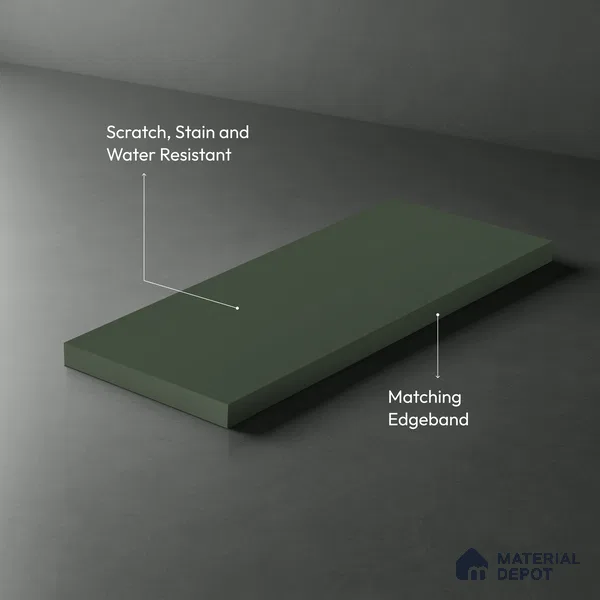 Green Solid Colors look Ferrero 1E236 SMT Olive Green 8 ft x 4 ft Satin Matt Finish Decorative Laminate - 1 mm | Suitable for Living Room, Kitchen, Office | Matching Prism Edgeband Code - (10115)