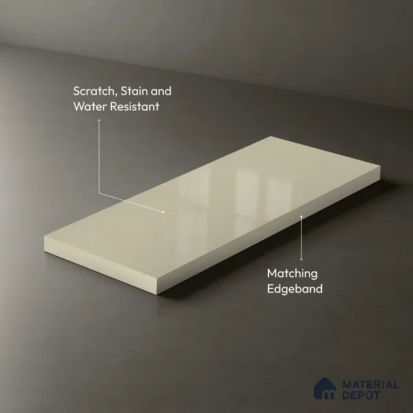 Beige Sparkle look Ferrero 1E480 HGL Blush Tinted White 8 ft x 4 ft High Gloss Finish Decorative Laminate - 1 mm | Matching Prism Edgeband Code - (10101)