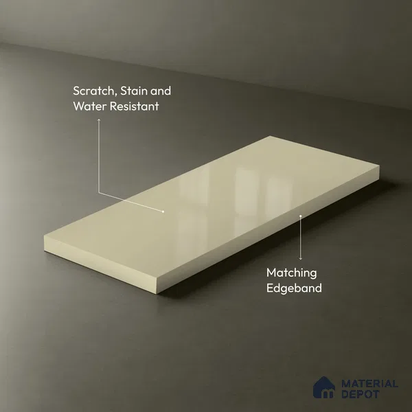 Beige Solid Colors look Ferrero 1E230 HGL Crystal Snow White 8 ft x 4 ft High Gloss Finish Decorative Laminate - 1 mm | Suitable for Living Room, Kitchen, Office | Matching E3 Edgeband Code - (1002 HG)