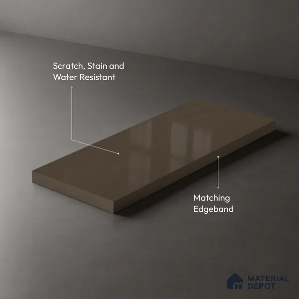 Brown Solid Colors look Ferrero 1E233 HGL Olive Toned Sand 8 ft x 4 ft High Gloss Finish Decorative Laminate - 1 mm | Suitable for Living Room, Kitchen, Office | Matching E3 Edgeband Code - (1053)