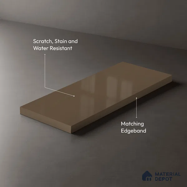 Brown Solid Colors look Ferrero 1E179 HGL Soft Warm Khaki 8 ft x 4 ft High Gloss Finish Decorative Laminate - 1 mm | Suitable for Living Room, Kitchen, Office | Matching Rehau Edgeband Code - (110228)