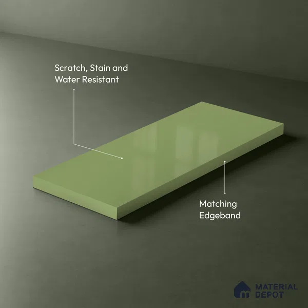 Green Solid Colors look Ferrero 1E243 HGL Spring Green 8 ft x 4 ft High Gloss Finish Decorative Laminate - 1 mm | Suitable for Living Room, Kitchen, Office | Matching E3 Edgeband Code - (1018)