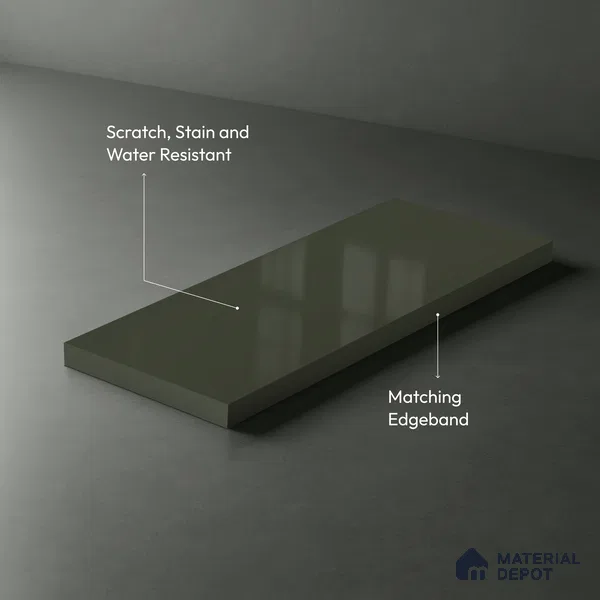 Green Solid Colors look Ferrero 1E194 HGL Grey Green 8 ft x 4 ft High Gloss Finish Decorative Laminate - 1 mm | Suitable for Living Room, Kitchen, Office | Matching Prism Edgeband Code - (10115)
