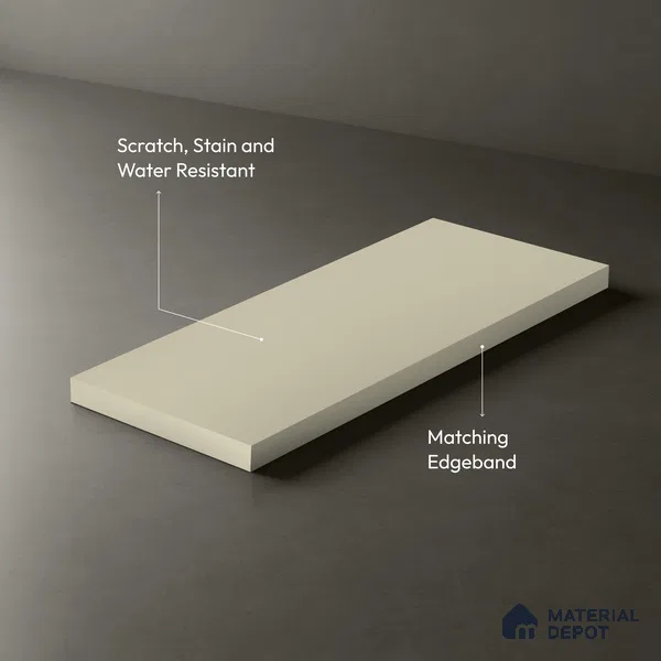 Beige Solid Colors look Ferrero 1E102 SF Soft Warm White 8 ft x 4 ft Suede Finish Decorative Laminate - 1 mm | Suitable for Living Room, Kitchen, Office | Matching E3 Edgeband Code - (1103)