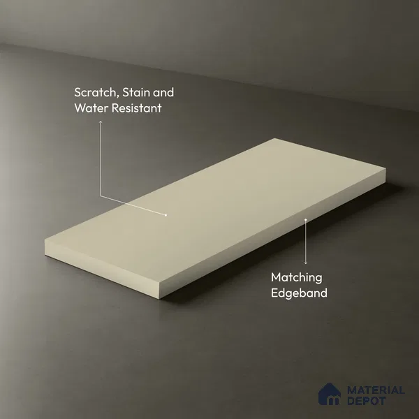 Beige Solid Colors look Ferrero 1E102 SMT Warm Porcelain White 8 ft x 4 ft Satin Matt Finish Decorative Laminate - 1 mm | Suitable for Living Room, Kitchen, Office | Matching E3 Edgeband Code - (1103)