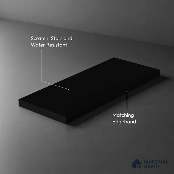 Black Solid Colors look Ferrero 1E190 SMT Midnight Charcoal 8 ft x 4 ft Satin Matt Finish Decorative Laminate - mm | Suitable for Living Room, Kitchen, Office | Matching Prism Edgeband Code - (10110 SHGL)