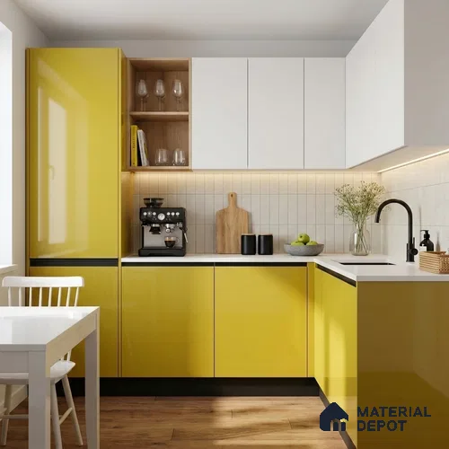 Solid Colors Look LM 19250 Mustard Yellow 8 ft x 4 ft Glossy Finish Decorative Laminate - 1 mm | Suitable for Living Room, Kitchen, Office