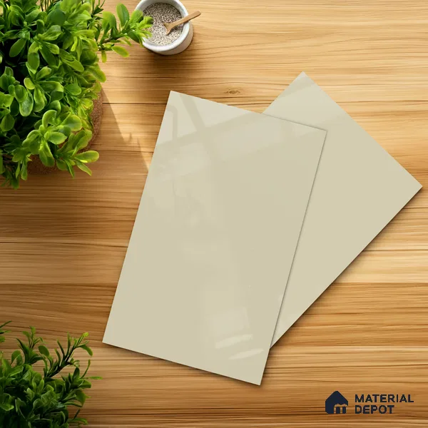 Beige Solid Colors look Ferrero 1E102 HGL Warm Milky White 8 ft x 4 ft High Gloss Finish Decorative Laminate - 1 mm | Suitable for Living Room, Kitchen, Office | Matching E3 Edgeband Code - (1103)