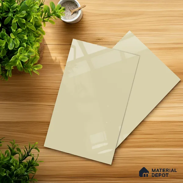 Beige Solid Colors look Ferrero 1E230 HGL Crystal Snow White 8 ft x 4 ft High Gloss Finish Decorative Laminate - 1 mm | Suitable for Living Room, Kitchen, Office | Matching E3 Edgeband Code - (1002 HG)