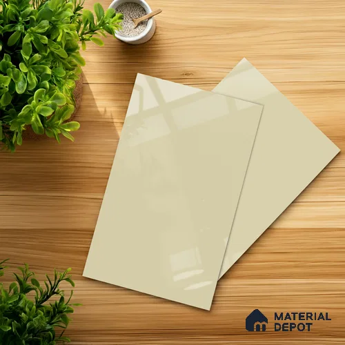 Beige Solid Colors look Ferrero 1E230 HGL Crystal Snow White 8 ft x 4 ft High Gloss Finish Decorative Laminate - 1 mm | Suitable for Living Room, Kitchen, Office | Matching E3 Edgeband Code - (1002 HG)