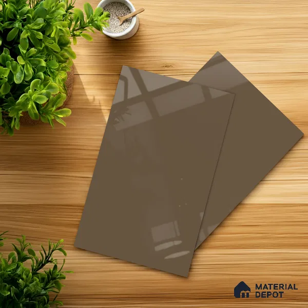 Brown Solid Colors look Ferrero 1E179 HGL Soft Warm Khaki 8 ft x 4 ft High Gloss Finish Decorative Laminate - 1 mm | Suitable for Living Room, Kitchen, Office | Matching Rehau Edgeband Code - (110228)