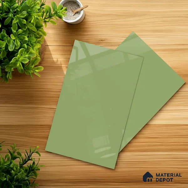 Green Solid Colors look Ferrero 1E243 HGL Spring Green 8 ft x 4 ft High Gloss Finish Decorative Laminate - 1 mm | Suitable for Living Room, Kitchen, Office | Matching E3 Edgeband Code - (1018)