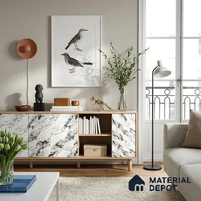 White Marble Look LM 18819 8 ft x 4 ft Texture Finish Decorative Laminate - 1 mm | Suitable for TV Unit, Wardrobe, Kitchen Cabinets