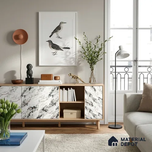 White Marble Look LM 18819 8 ft x 4 ft Texture Finish Decorative Laminate - 1 mm | Suitable for TV Unit, Wardrobe, Kitchen Cabinets