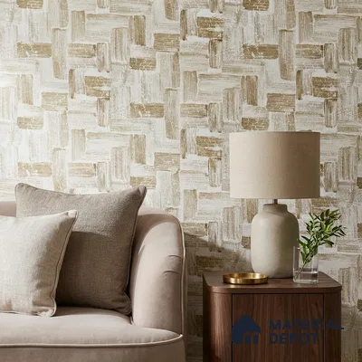 2106 -3 | Cream & Gold Patchwork Brick Patterned Wallpaper - 10 Meter x 21 Inches, 57.41 Sq. Ft.