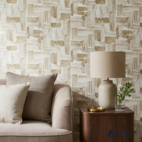2106 -3 | Cream & Gold Patchwork Brick Patterned Wallpaper - 10 Meter x 21 Inches, 57.41 Sq. Ft.
