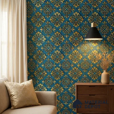 2113 -1 | Teal & Gold Quatrefoil Medallion Damask Patterned Wallpaper - 10 Meter x 21 Inches, 57.41 Sq. Ft.