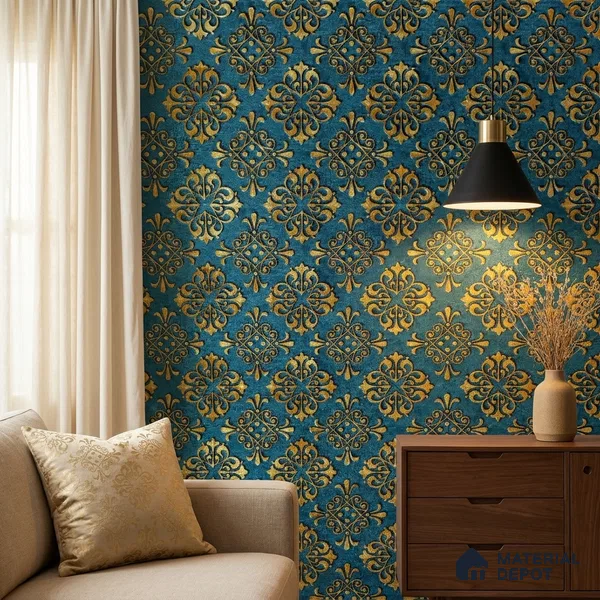 2113 -1 | Teal & Gold Quatrefoil Medallion Damask Patterned Wallpaper - 10 Meter x 21 Inches, 57.41 Sq. Ft.