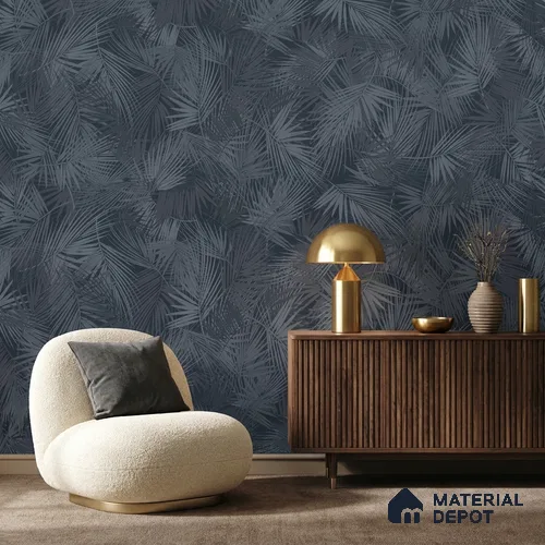 88532-4 | Charcoal Palm Fronds PVC Floral Wallpaper - 5 Meter x 42 Inch, 57.41 Sq. Ft. (Min. 15% Wastage)