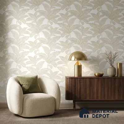 88534-2 | Beige Large Leaf PVC Floral Wallpaper - 5 Meter x 42 Inch, 57.41 Sq. Ft. (Min. 15% Wastage)