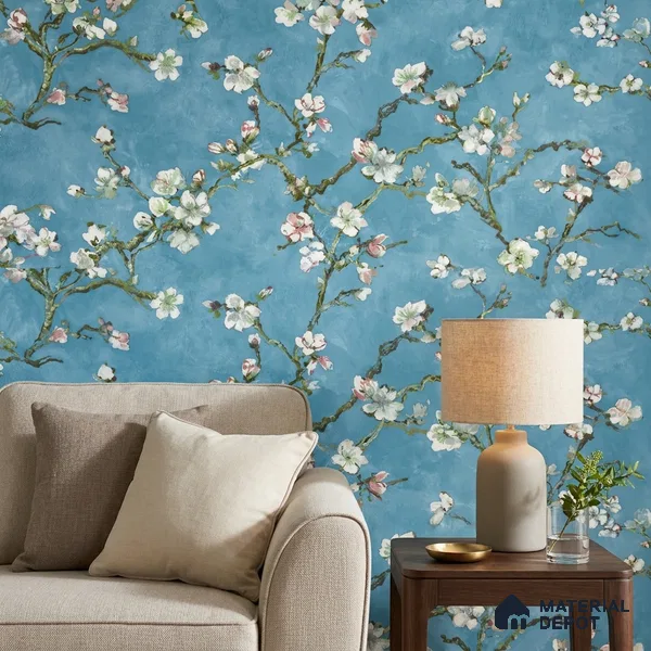 OR05-4 | Teal Blue Almond Blossom PVC Floral Wallpaper - 5 Meter x 42 Inch, 57 Sq. Ft. (Min. 15% Wastage)