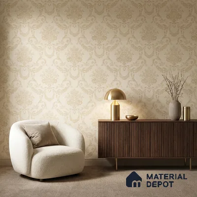 OR08-3 | Cream Gold Soft Scroll Damask PVC Patterned Wallpaper - 5 Meter x 42 Inch, 57 Sq. Ft. (Min. 15% Wastage)