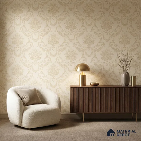 OR08-3 | Cream Gold Soft Scroll Damask PVC Patterned Wallpaper - 5 Meter x 42 Inch, 57 Sq. Ft. (Min. 15% Wastage)