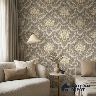 OR09-1 | Brown & Gold Floral Wreath Damask PVC Patterned Wallpaper - 5 Meter x 42 Inch, 57 Sq. Ft. (Min. 15% Wastage)