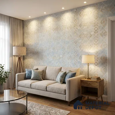 WP1333 | Pale Blue & Gold Diamond Trellis Patterned Wallpaper - 9.5 Meter x 21 Inches, 55 Sq. Ft. (Min. 15% Wastage)