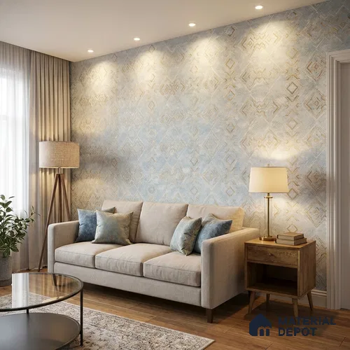 WP1333 | Pale Blue & Gold Diamond Trellis Patterned Wallpaper - 9.5 Meter x 21 Inches, 55 Sq. Ft. (Min. 15% Wastage)