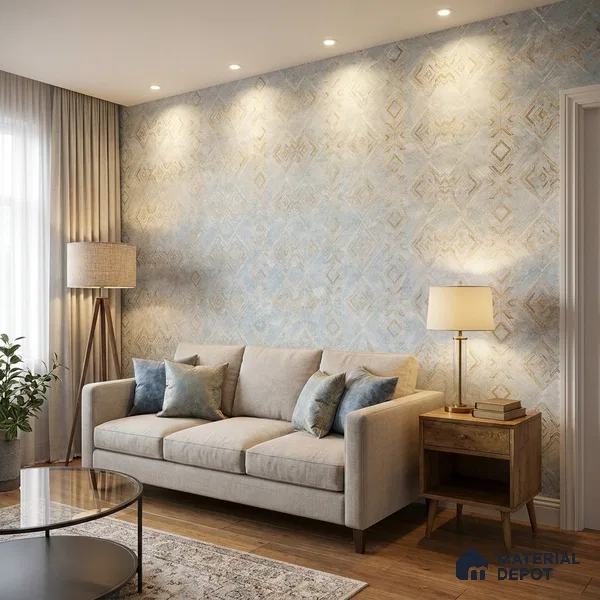 WP1333 | Pale Blue & Gold Diamond Trellis Patterned Wallpaper - 9.5 Meter x 21 Inches, 55 Sq. Ft. (Min. 15% Wastage)