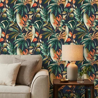 A71202 | Navy Palm Leaves Floral Wallpaper - 10 Meter x 21 Inches, 57.37 Sq. Ft. (Min. 15% Wastage)