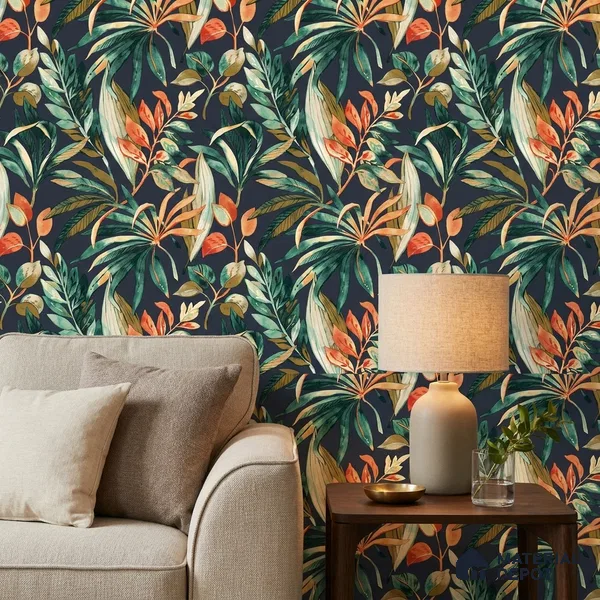 A71202 | Navy Palm Leaves Floral Wallpaper - 10 Meter x 21 Inches, 57.37 Sq. Ft. (Min. 15% Wastage)